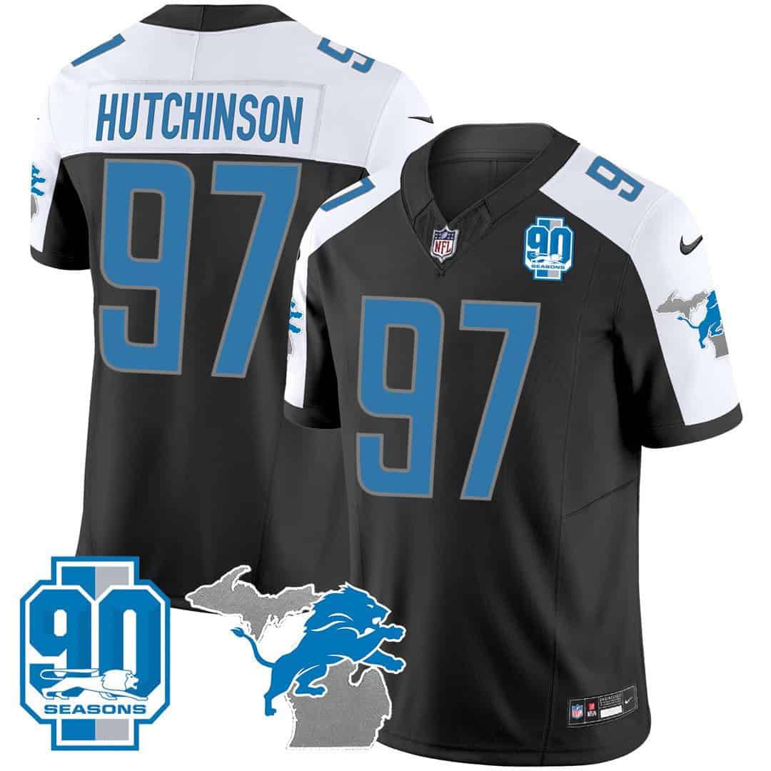 Men Detroit Lions 97 Hutchinson Black 2024 Nike 90th Year Michigan Patch Vapor NFL Jersey